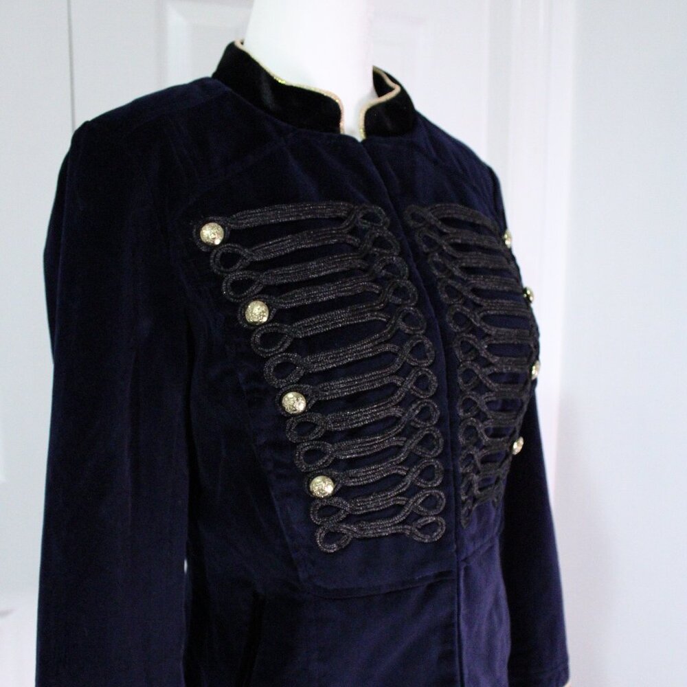 Guess Navy Blue Gold Accent Button Evening Velvet Fully Lined Military Jacket